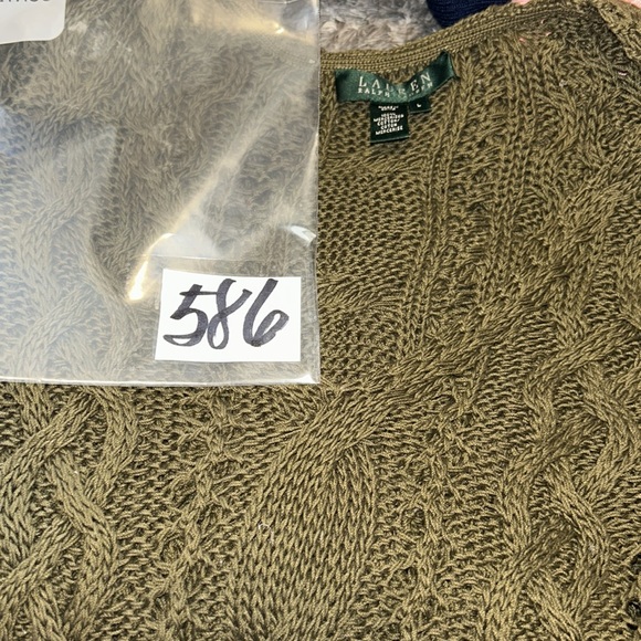 Lauren Ralph Lauren Olive Green Mercerized Cotton Crochet Eyelet V Neck Sweater - Picture 13 of 13